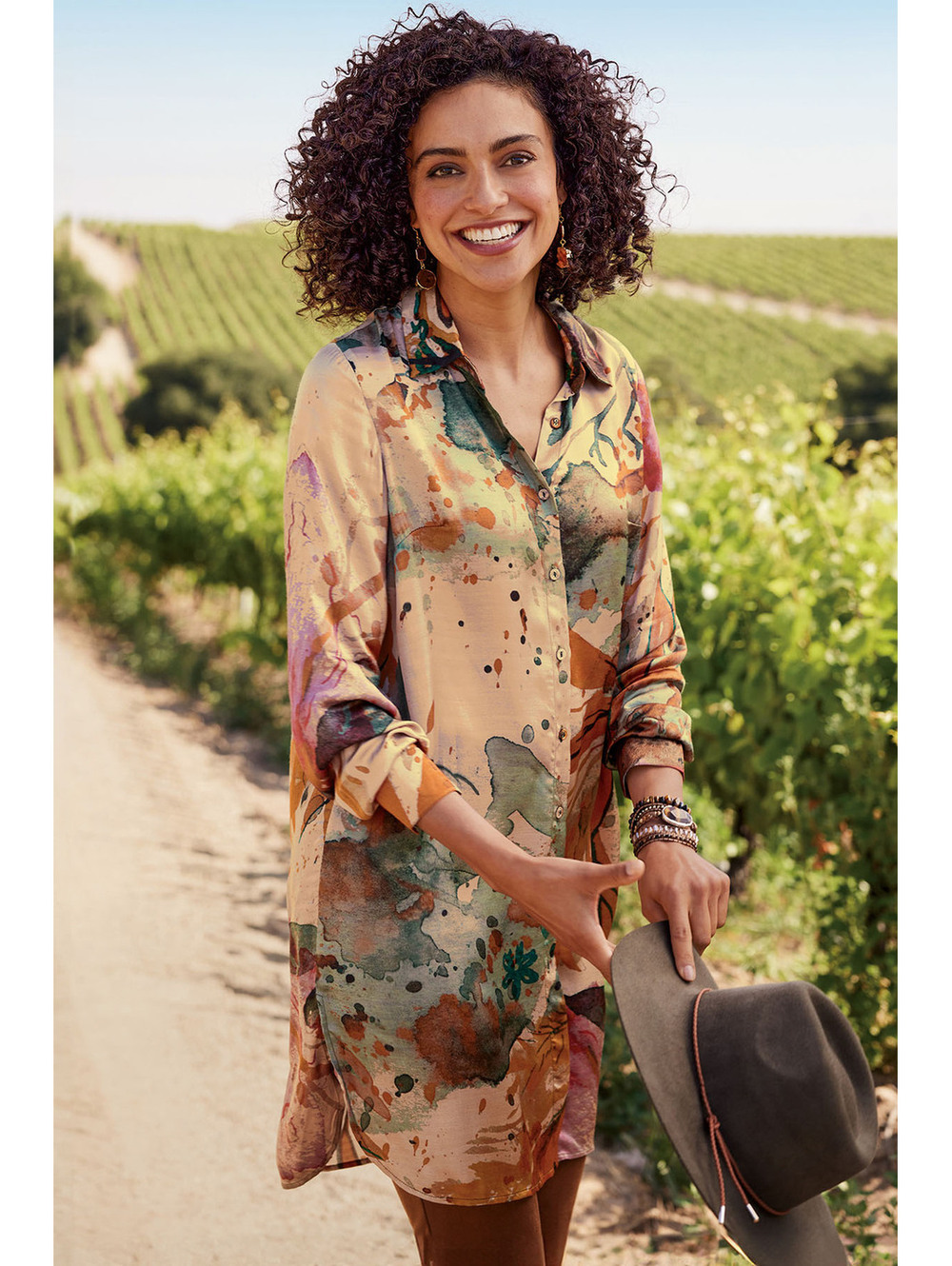 Soft Surroundings Stroke Of Satin Button Front Tunic Top Watercolor Print Large